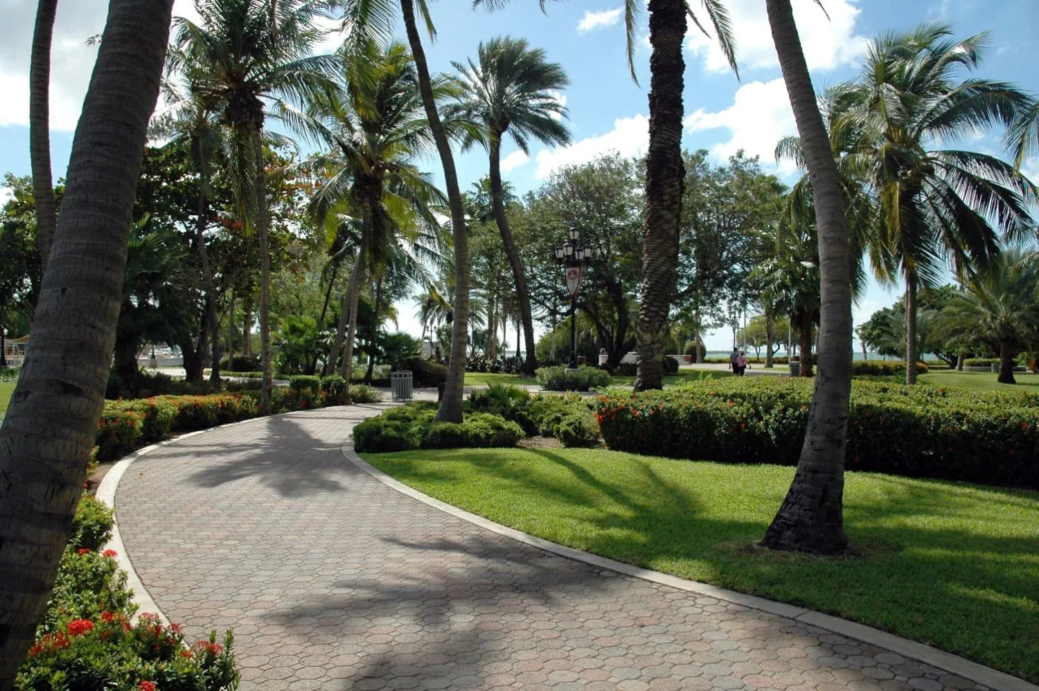 Curved paver walkway through a landscaped commercial property with palm trees in Palm Beach Gardens, FL