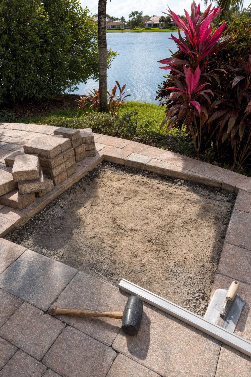 Lifted paver section exposing the sand bedding and crushed-stone base during a paver repair