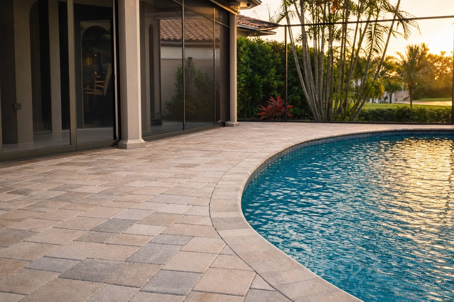 Level paver pool deck in Palm Beach County after repair and re-sanding